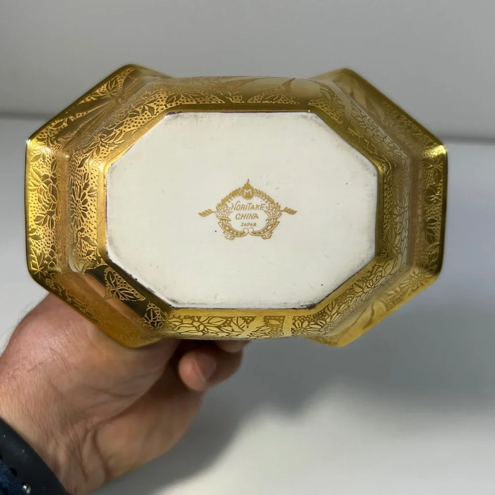 Noritake Japan Gold Encrusted Floral Porcelain Hexagon Basket  Handle Vintage